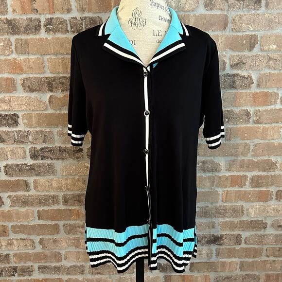 Exclusively misook black blue vintage knit collared top button up sz L - Picture 1 of 10